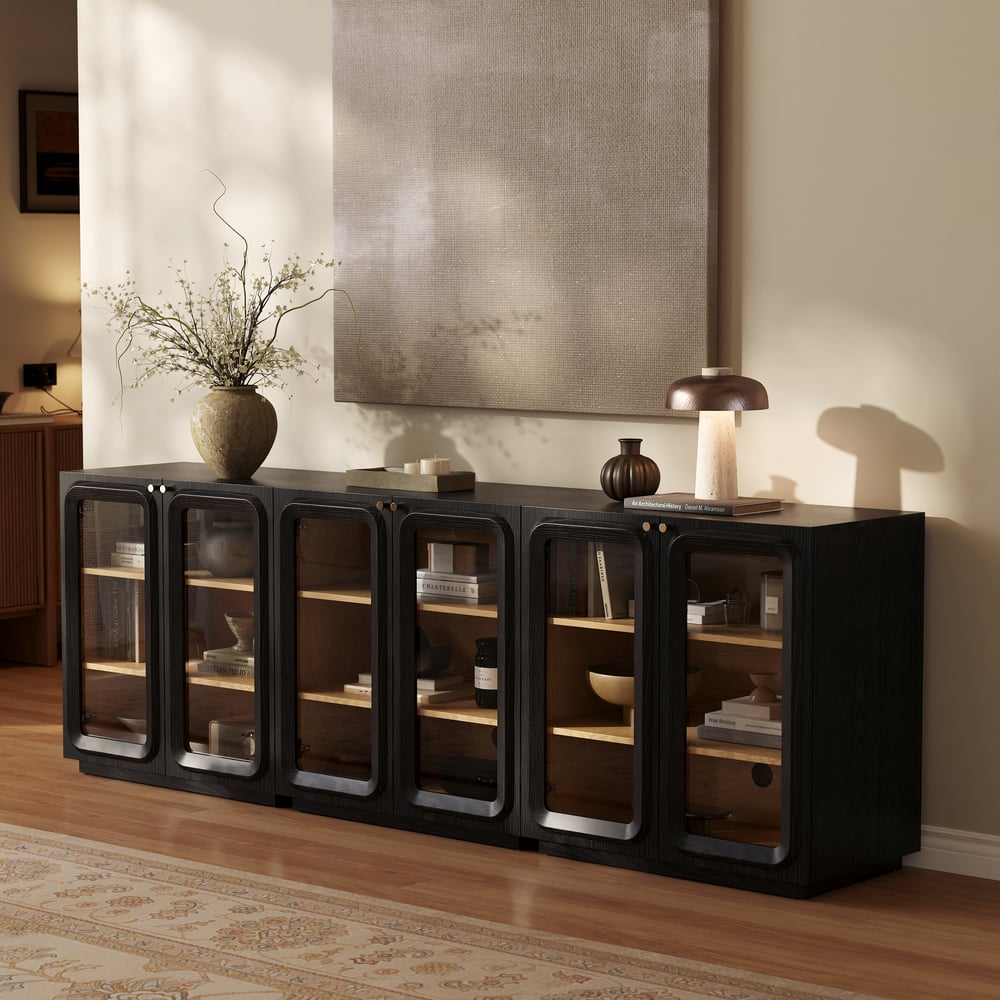 Soporte de TV de 94" con gabinete de cómoda con almacenamiento y LED Imagen de ventana