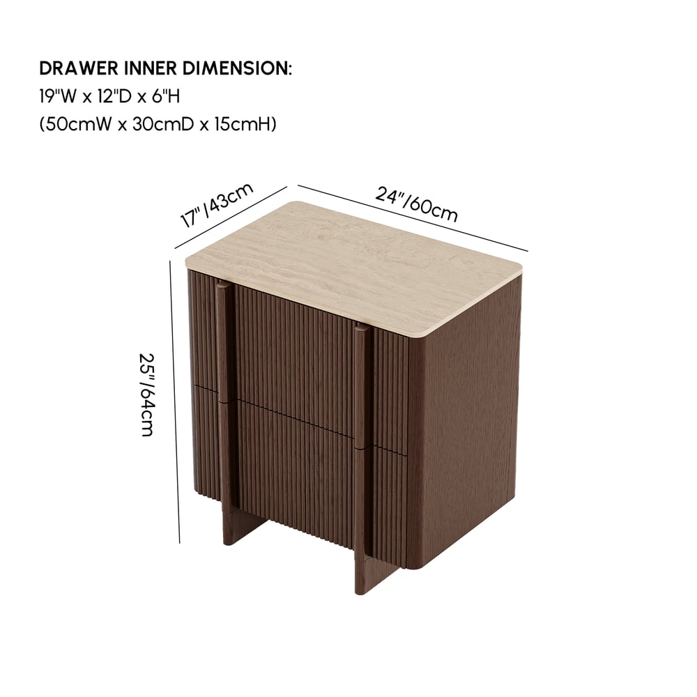 Lineva 24" 2-Drawer Nightstand with Faux Travertine Stone Top weights dimensions image