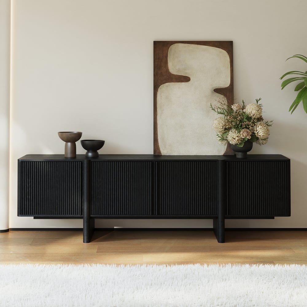 80" Solid Wood Fluted Black TV Stand with Cabinets window image