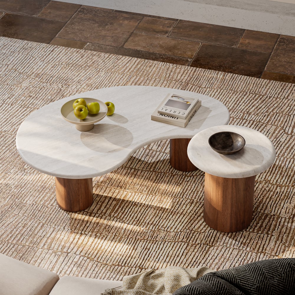Ensemble de tables basses rondes de 18"-47" en placage de béton et noyer image de fenêtre