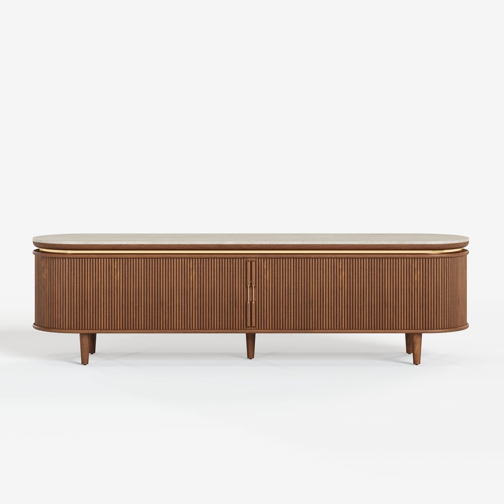 79" Ash Wood Walnut Fluted TV Stand with Sintered Stone Top window image