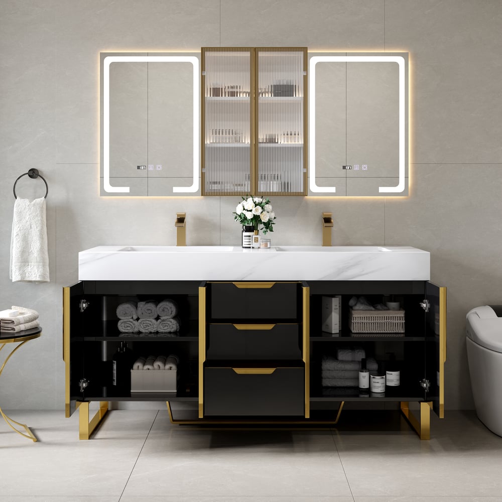 59" Double Sink Freestanding Vanity Set with LED Medicine Cabinet with Storage window image