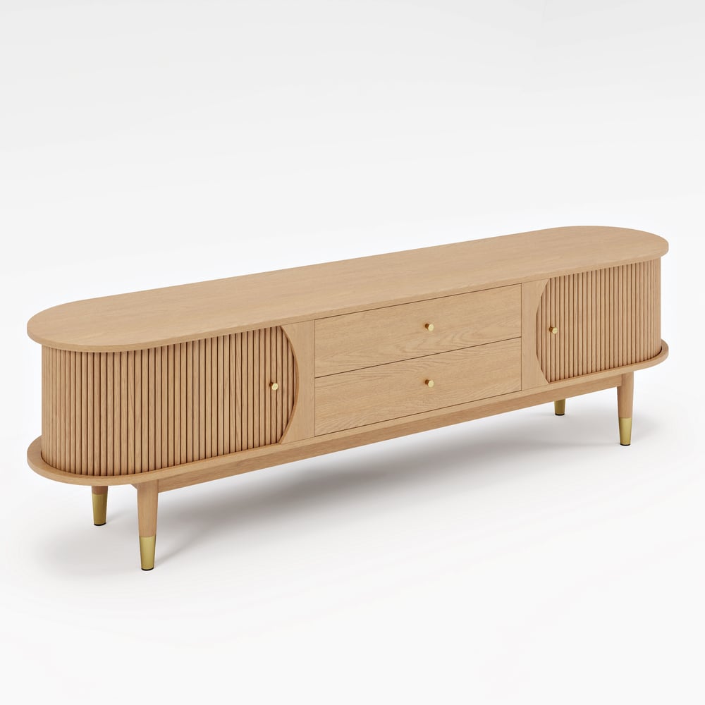 80" Ash Wood Fluted Natural TV Stand with Storage window image