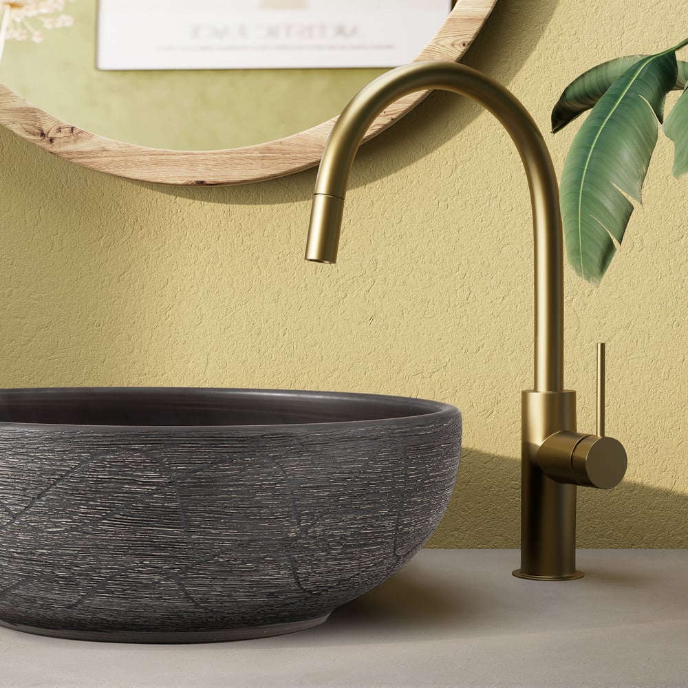 Vasque de salle de bain ronde en céramique grise de 40cm – évier à poser avec glaçure mate image de fenêtre