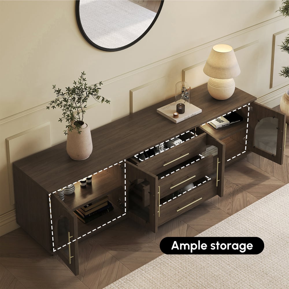 Arune 72" Arched Glass Doors Smoked Brown TV Stand with Storage and LED window image