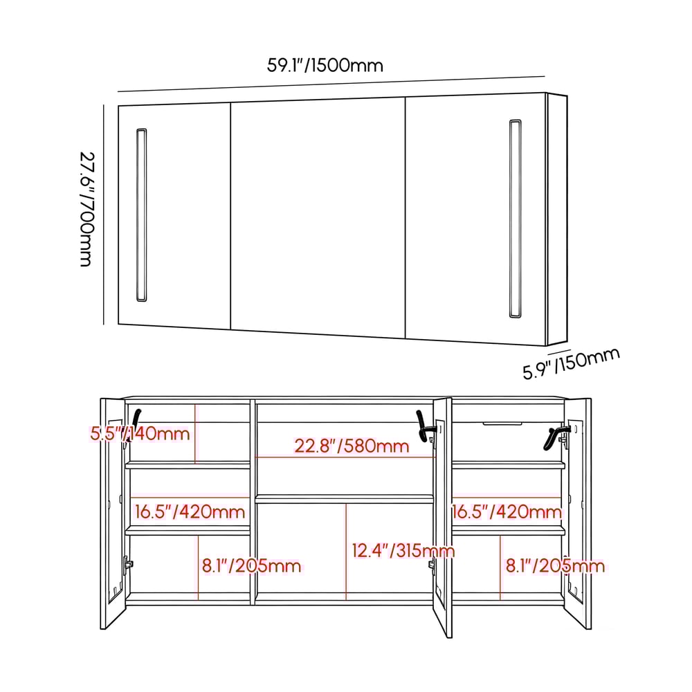 59" LED Bathroom Medicine Cabinet with Anti-Fog, Dimmable Tri-Color Lighting weights dimensions image
