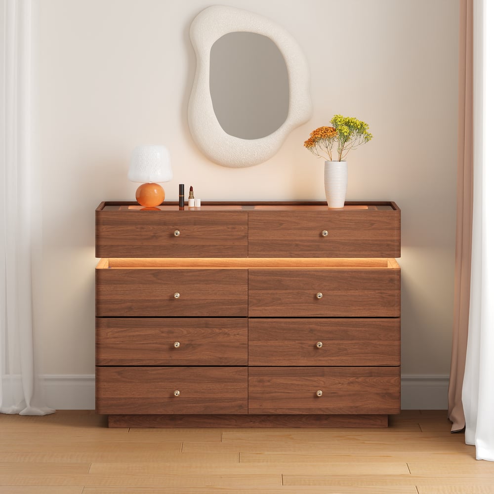 Modern 47" Tempered Glass Top 8-Drawer White Dresser with LED & Jewelry Trays window image