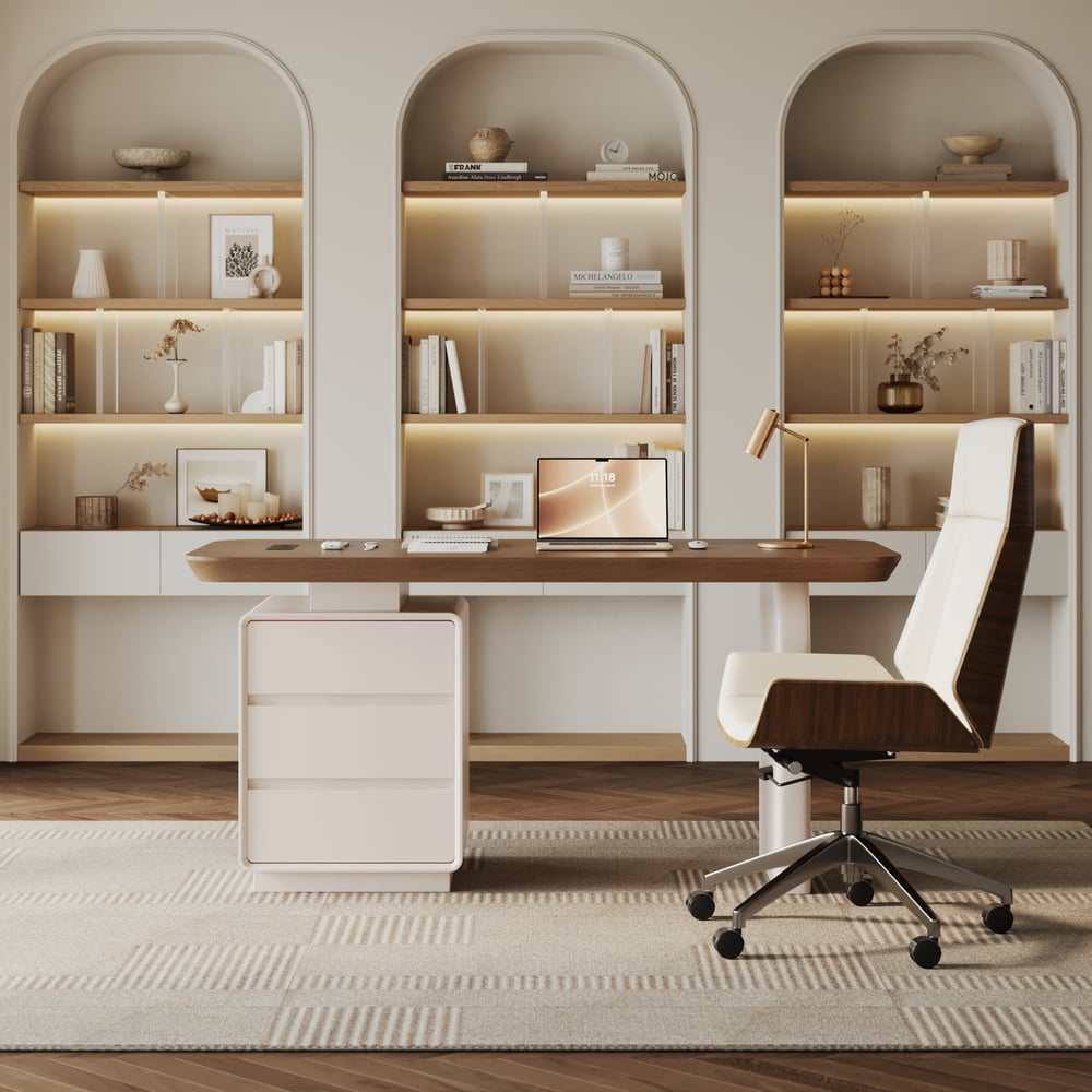 Modern 63” Rectangular Walnut Wood Desk with charging station & storage window image