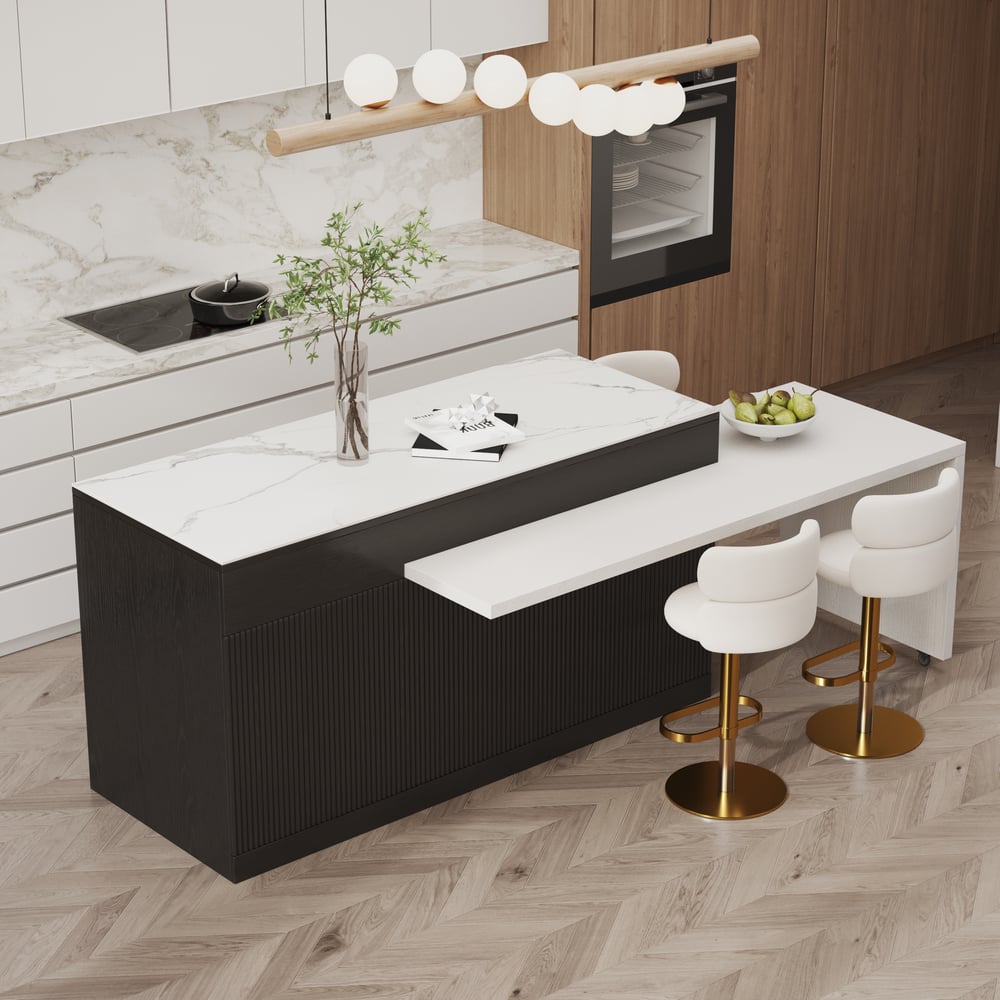 Îlot de cuisine extensible en pierre frittée de 205 à 270 cm avec portes et tiroirs, noir et blanc image de fenêtre