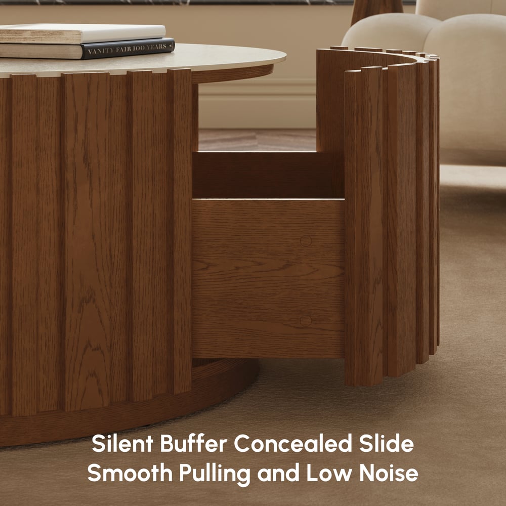 Aura 35" Ash Wood Slatted Round Coffee Table with Sintered Stone Top window image