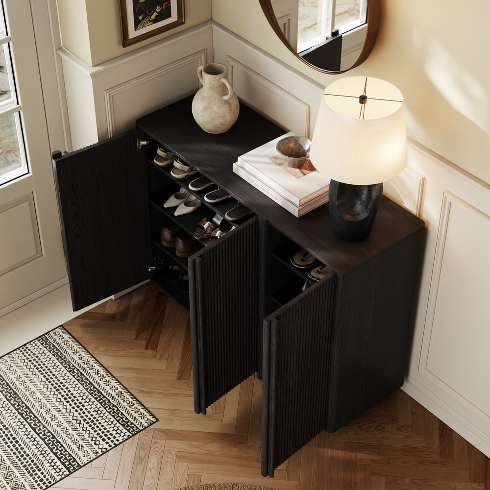 Lineva 48" Ash Wood Veneer Shoe Storage Fluted Entryway Cabinet window image