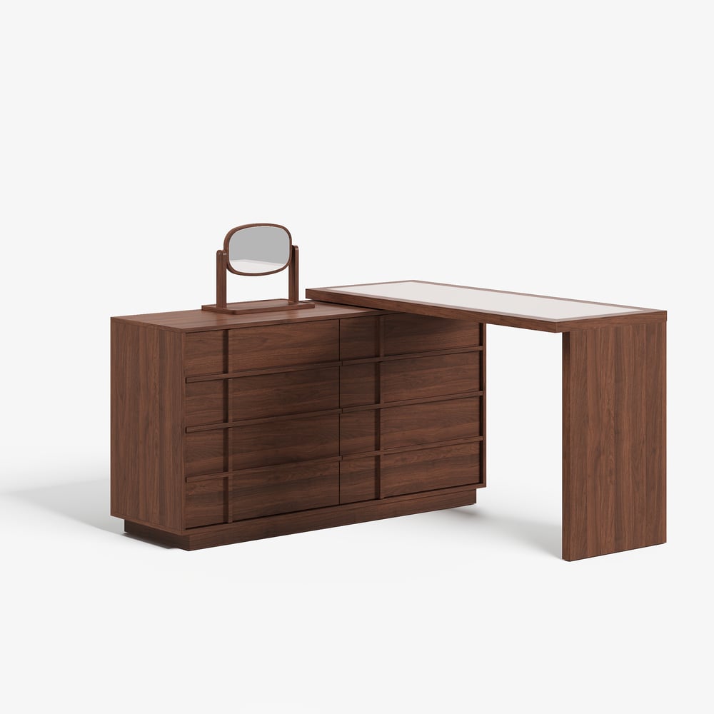 Panvyr Wooden Extendable L-Shaped Makeup Vanity Dresser with Vanity Mirror (49"–94") window image
