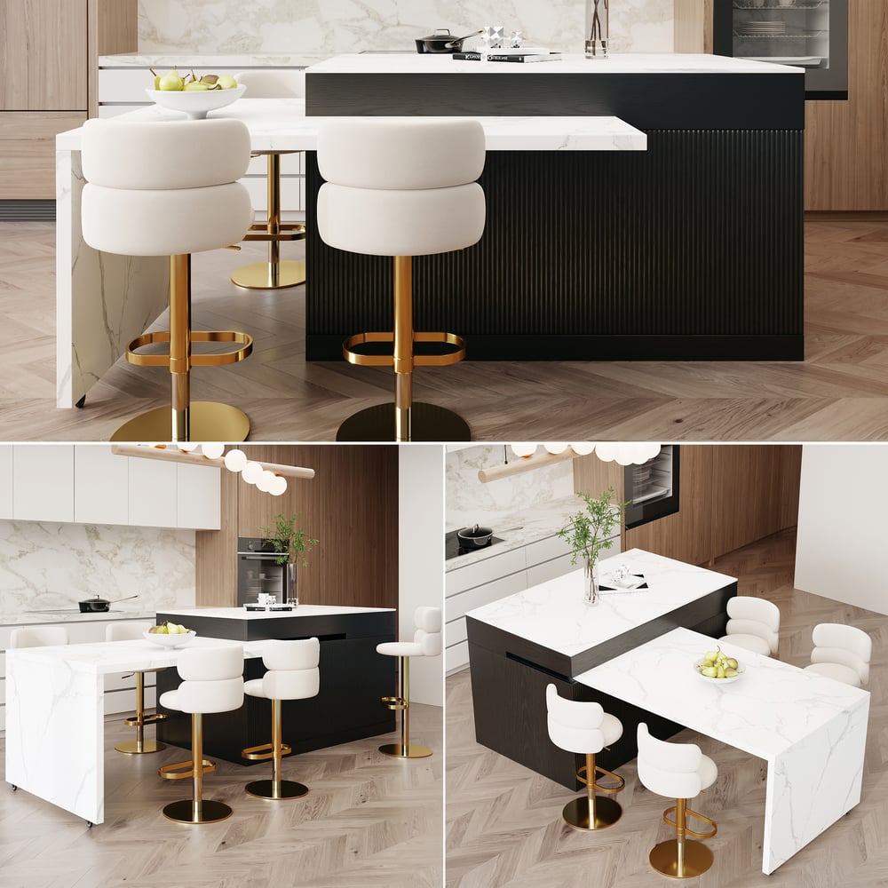 Isla de cocina de madera moderna extensible de 81''-112" con almacenamiento, blanco y negro Imagen de ventana