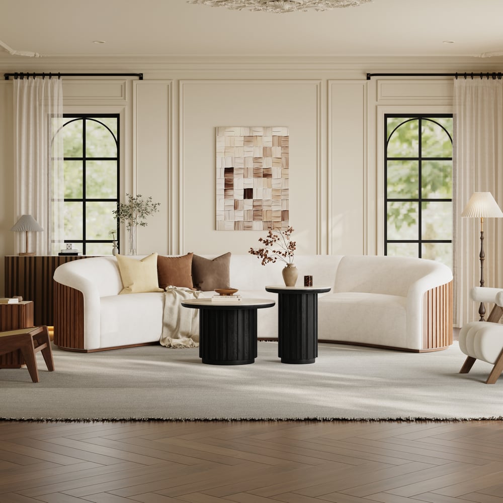 Aura 2 Piece Set Ash Wood Slatted  Round Coffee Table with Sintered Stone Top(20" - 28") window image