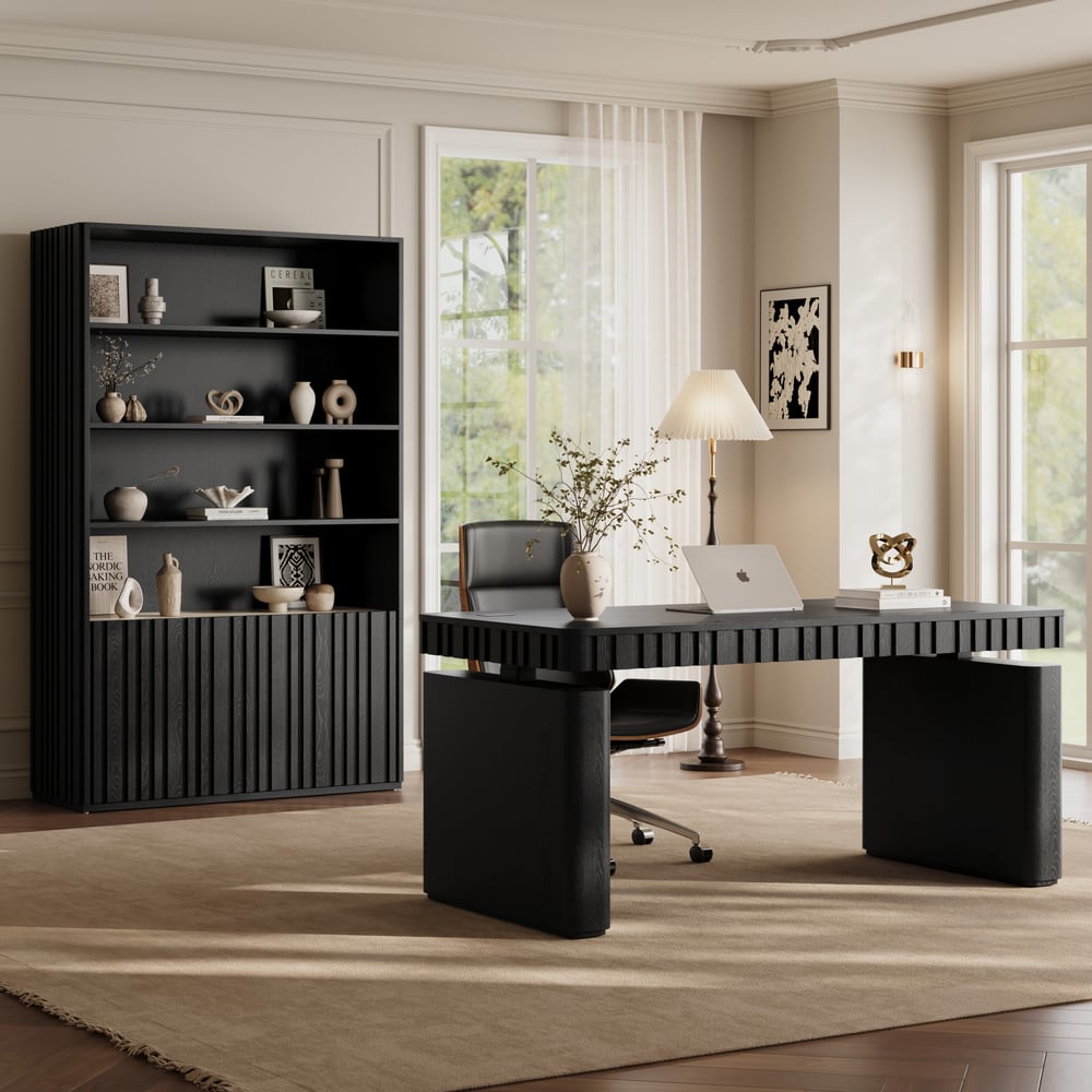Aura 47" Ash Wood Fluted Bookcase With Sintered Stone Top window image