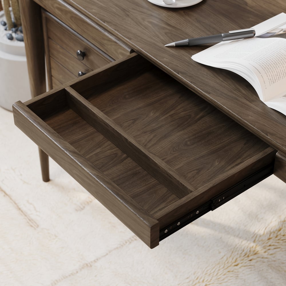 Tanic bureau 140 cm van essenhout, rookbruin, met 3 laden Vensterafbeelding