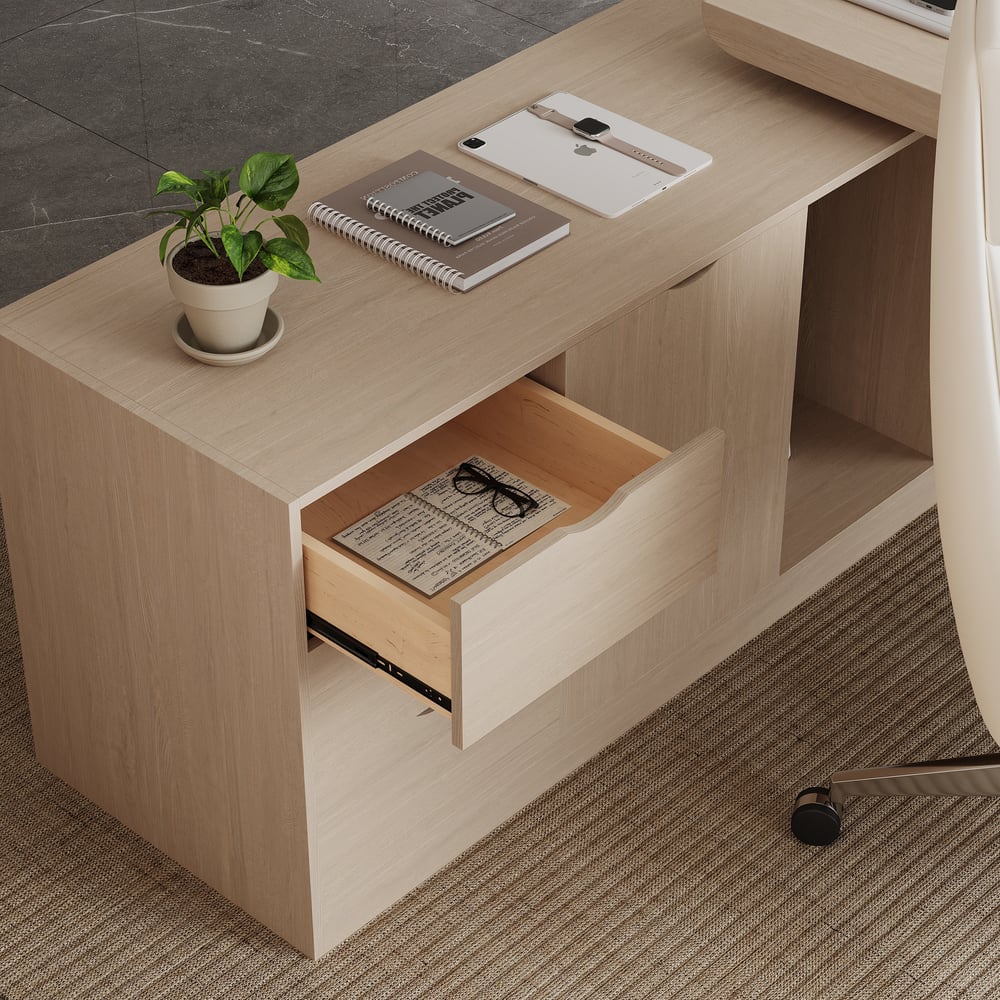 Escrivaninha executiva moderna em forma de L de 180 cm com acabamento em branco lavado e armazenamento, mão esquerda Imagem da janela