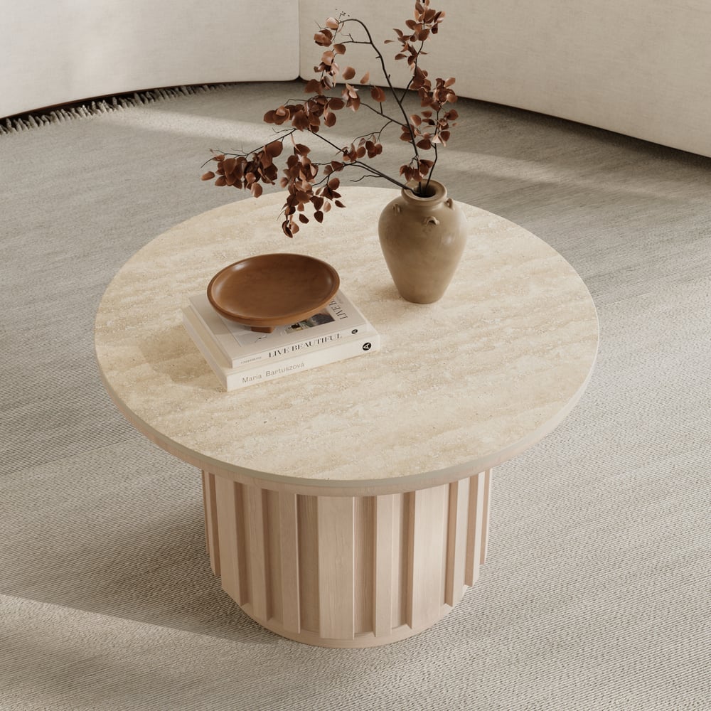 Table basse ronde à lattes en bois de frêne Aura avec plateau en pierre frittée image de fenêtre