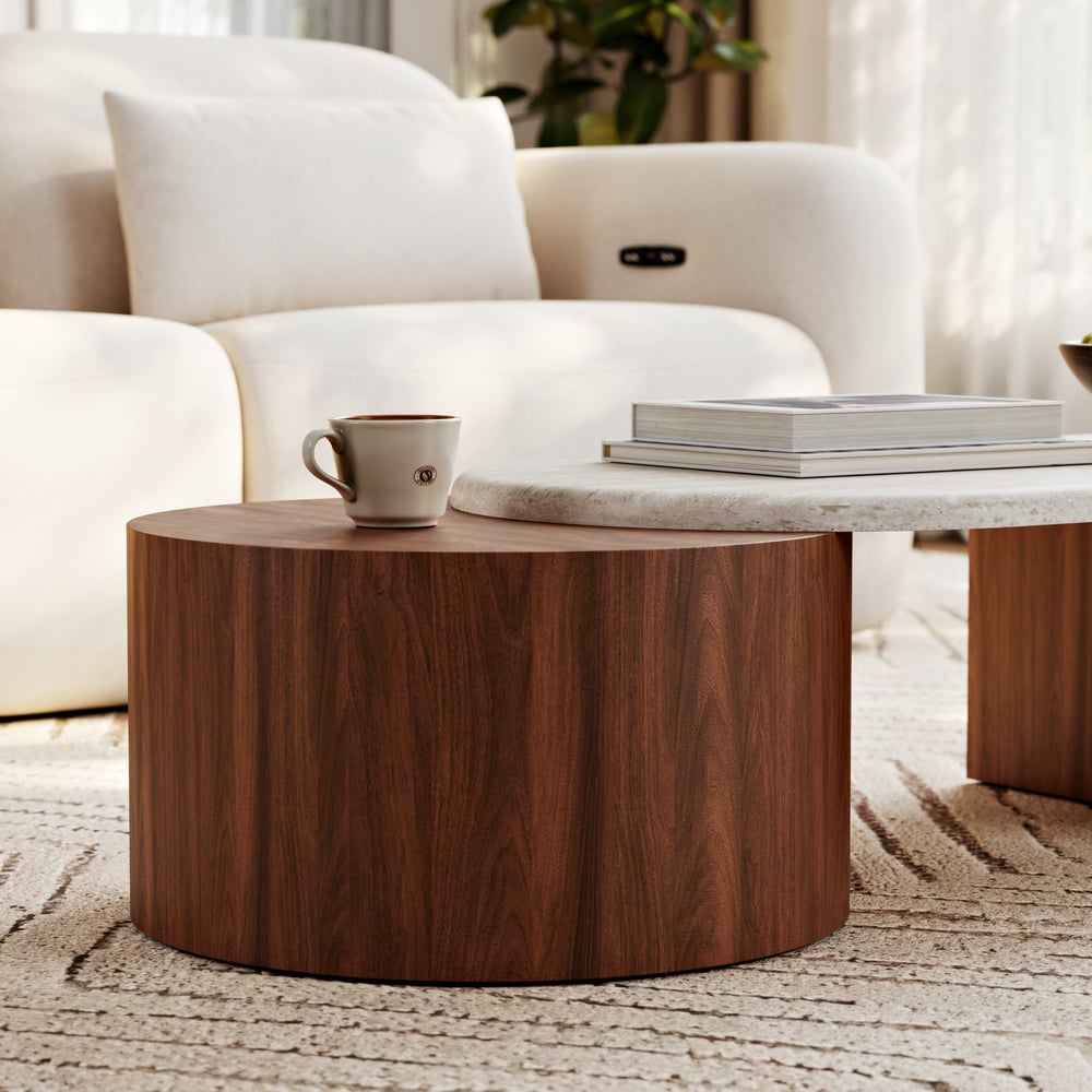 47"-60" Extendable Walnut Coffee Table with Travertine Veneer Top window image