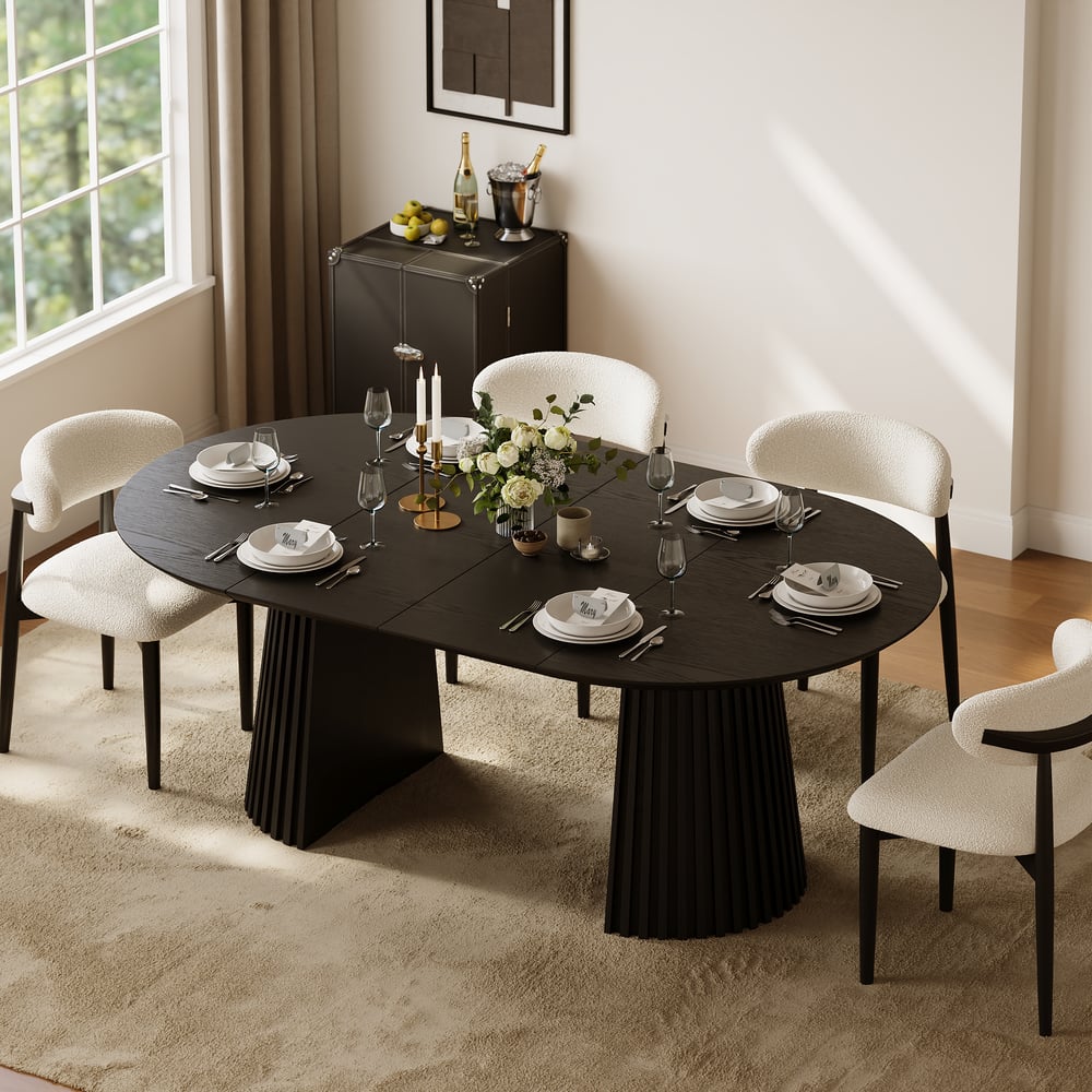 Modern 47"-79" Extendable Black Wood Dining Table with Fluted Base, Seats 4-6 window image