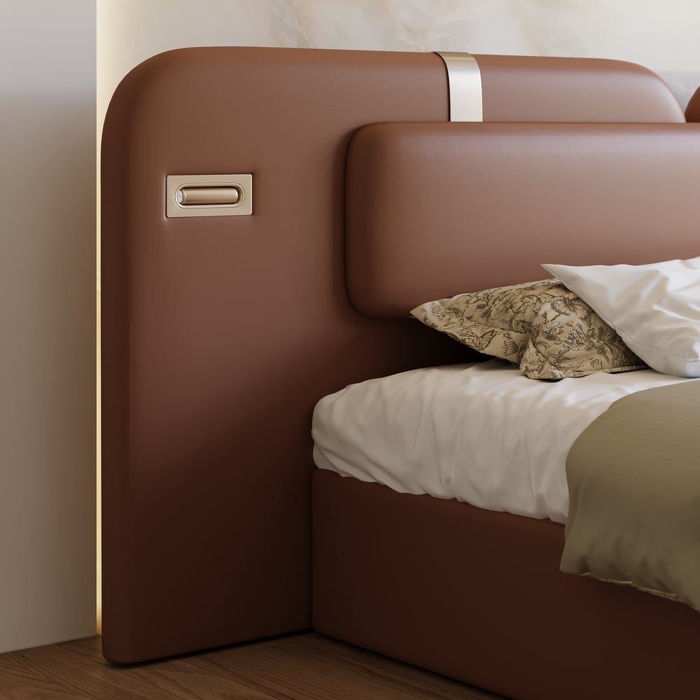 Halune Queen Faux Leather LED Platform Bed window image
