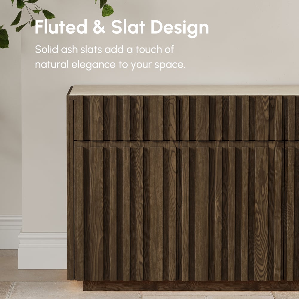 Aura 65" Ash Wood Slatted TV Stand with Sintered Stone Top window image