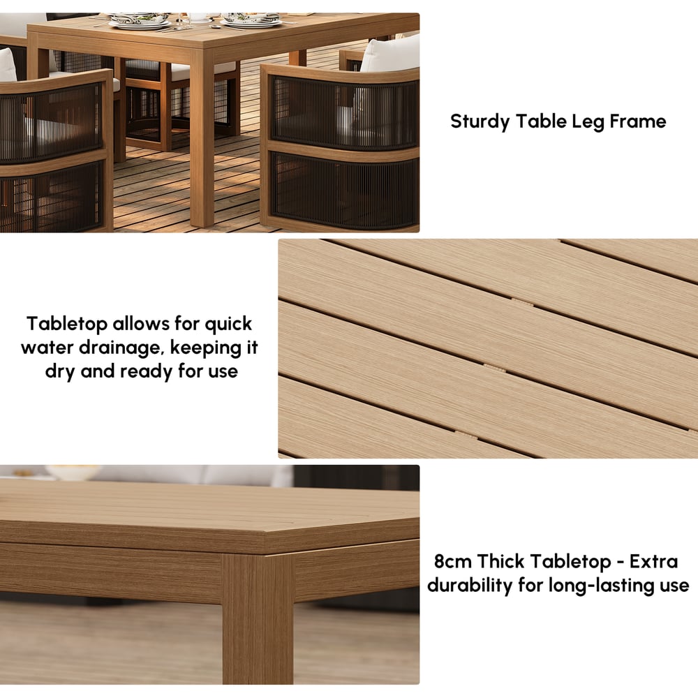 Table à manger d'extérieur à lattes en aluminium finition noyer Wevara 86.6" image de fenêtre