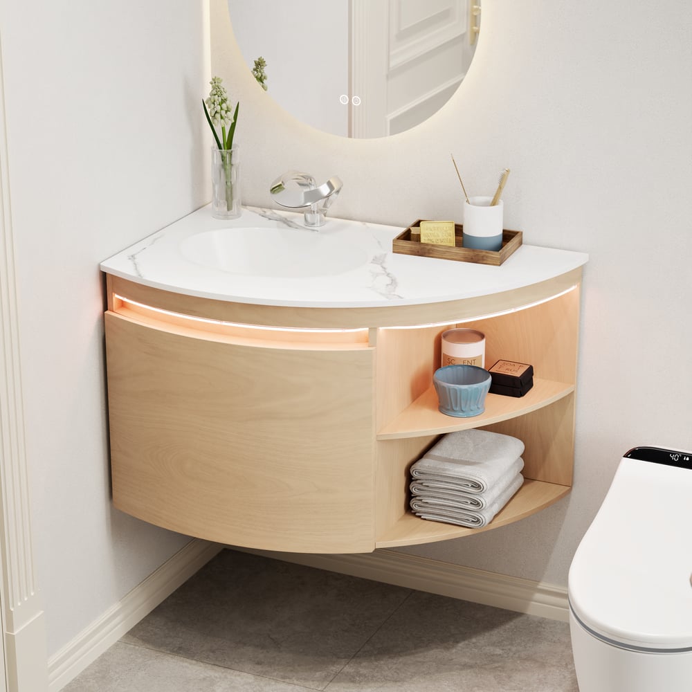Meuble-lavabo d'angle de 91,44 cm avec rangement et éclairage LED à capteur image de fenêtre