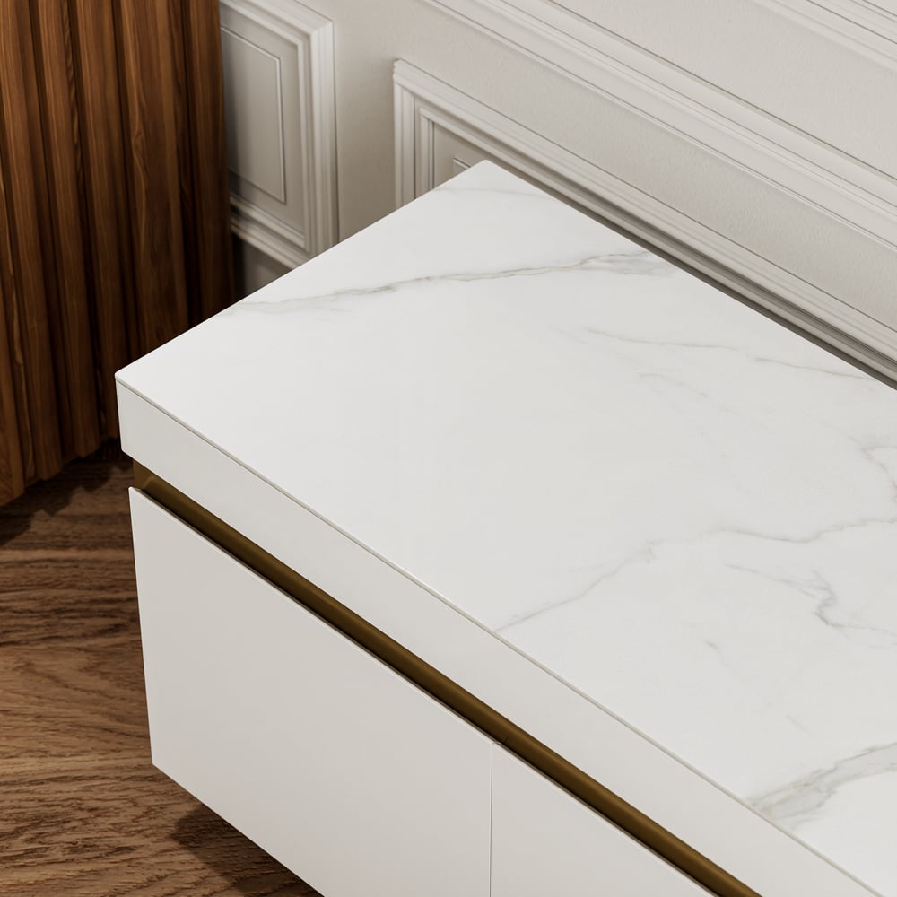 86" White Sintered Stone Top TV Stand with 4 Drawers window image