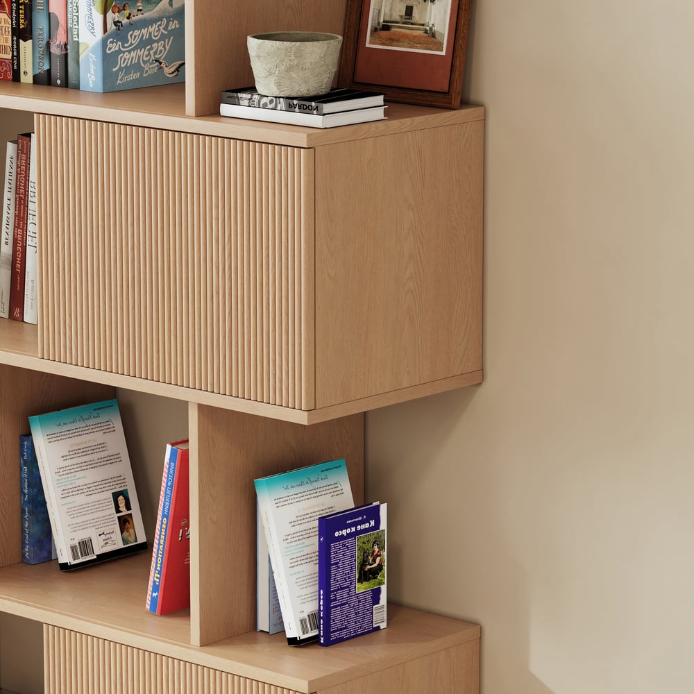 72.8" Natural Sliding Door Etagere Bookshelf 5-Shelf Tall Book Shelf Rich Storage window image