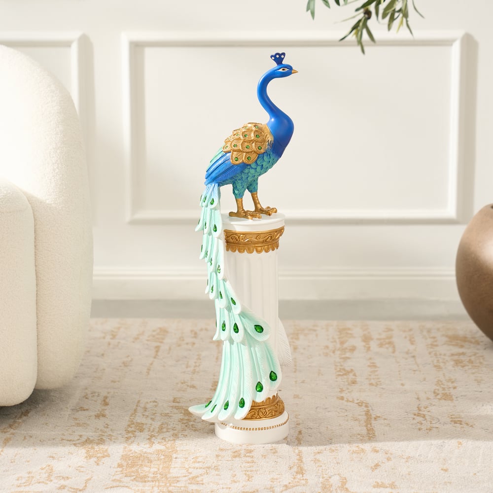 Estátua de Pavão de Resina de Luxo de 27" com Acentos de Cristal – Escultura Elegante para Decoração de Casa Imagem da janela