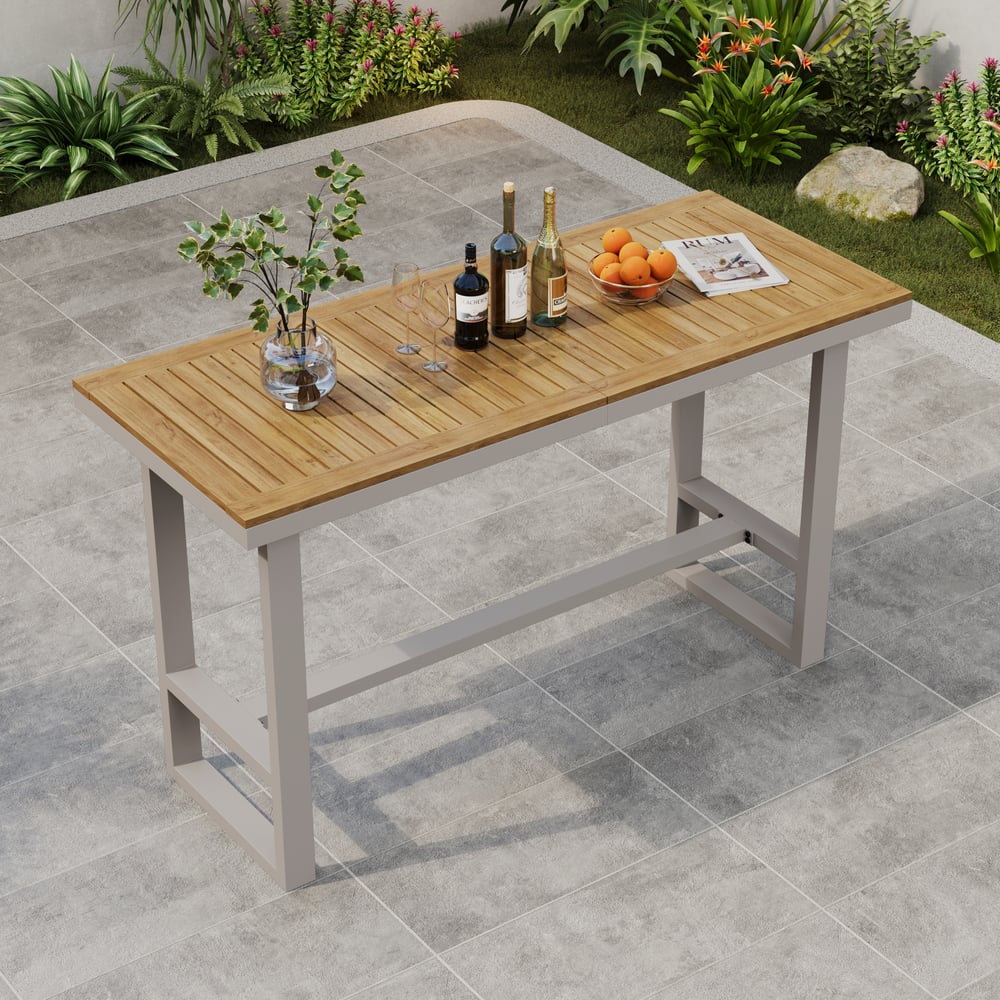 Tevara Teak Wood Modern Outdoor Bar Set Sand Frame & Warm White Cushion window image