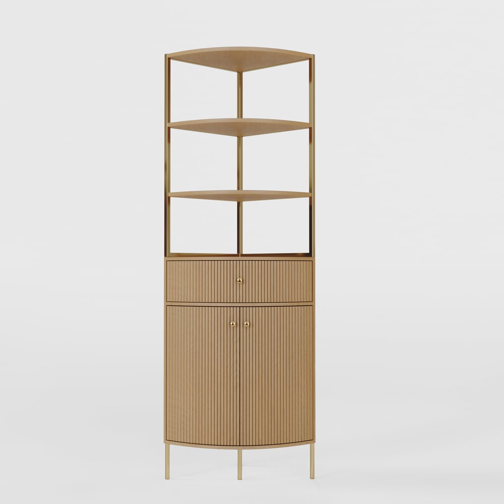 Modern 75" Natural Etagere Corner Bookshelf with Drawer and 2-Door Cabinet window image