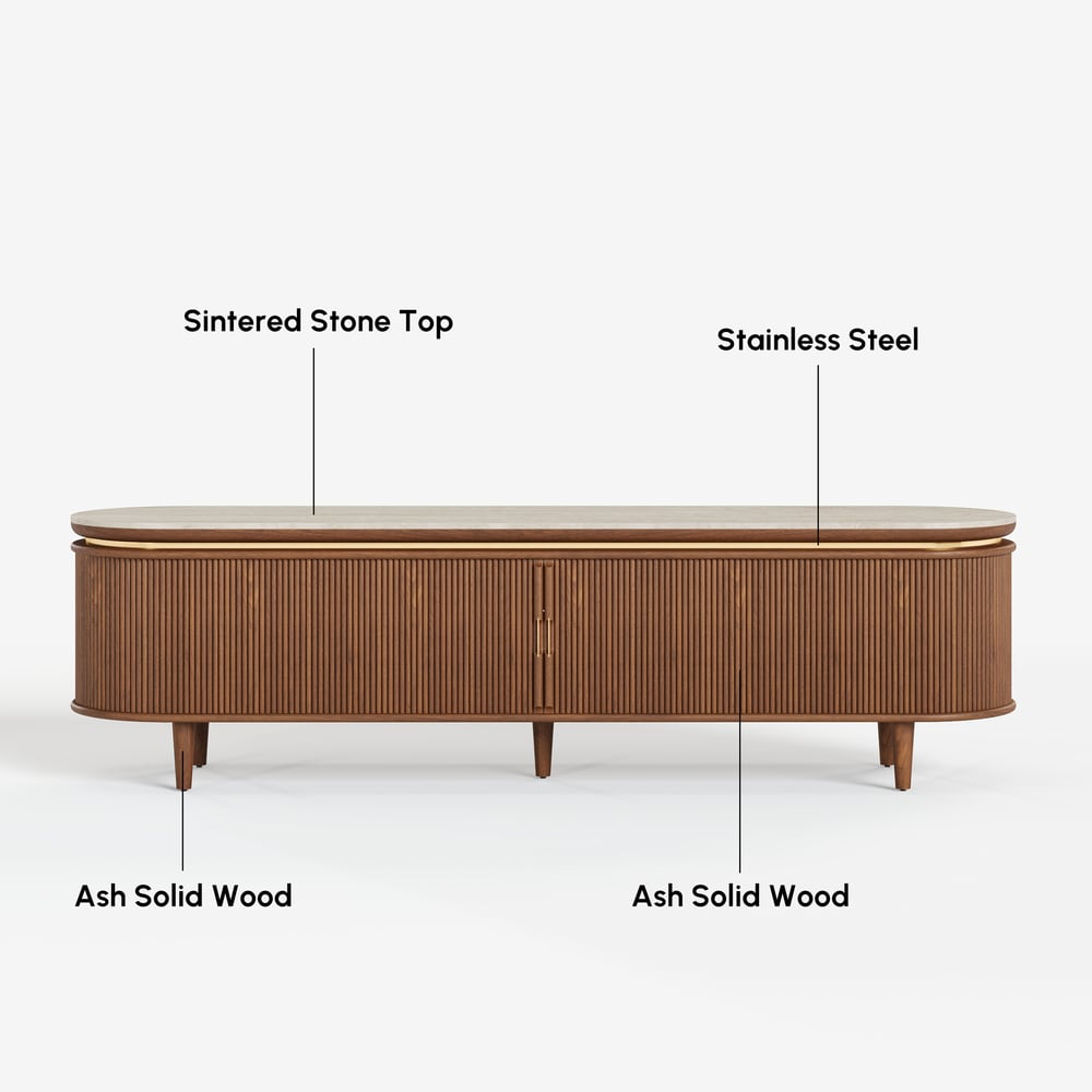 79" Ash Wood Walnut Fluted TV Stand with Sintered Stone Top window image