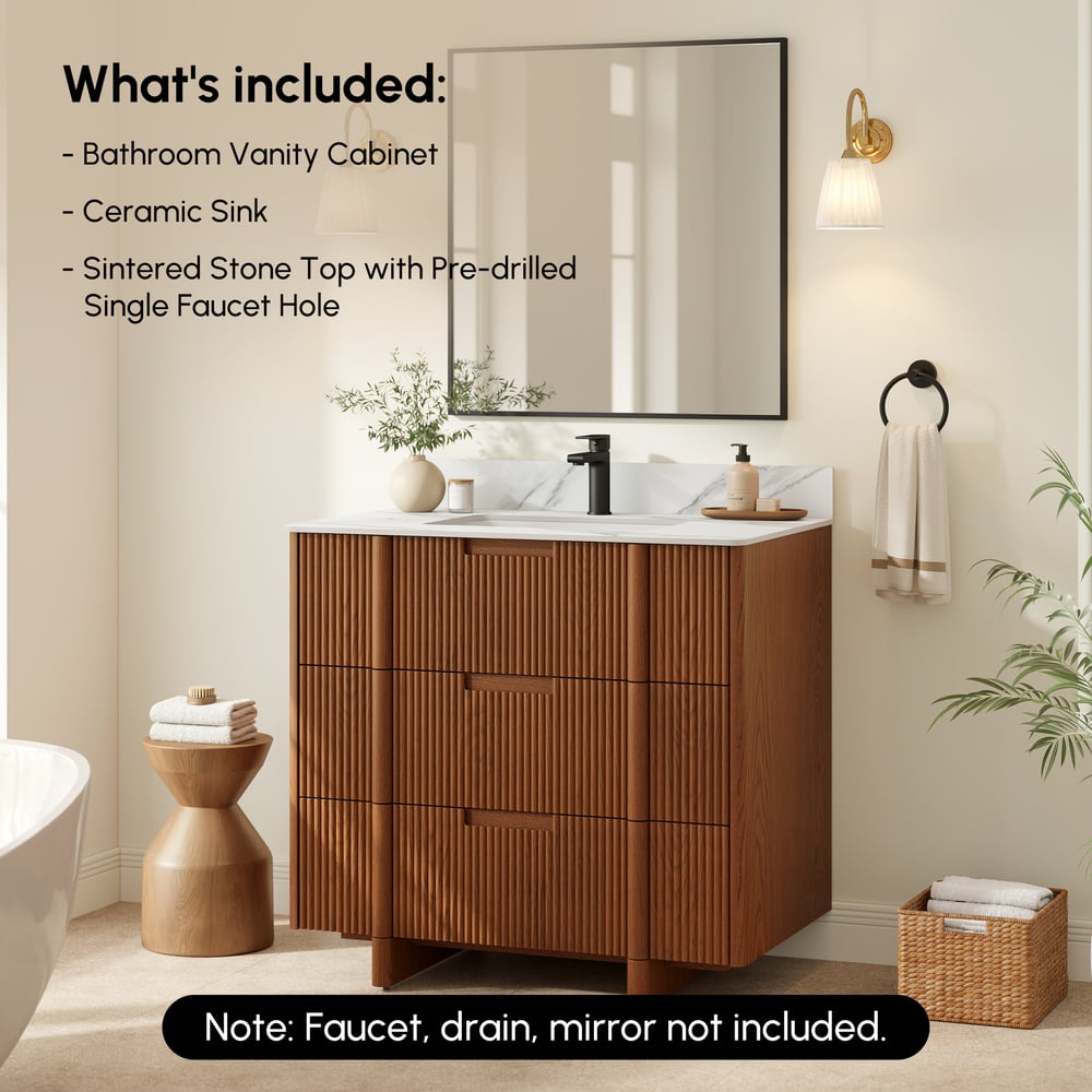 36" Fluted Single Bathroom Vanity with Sink and Sintered Stone Top window image