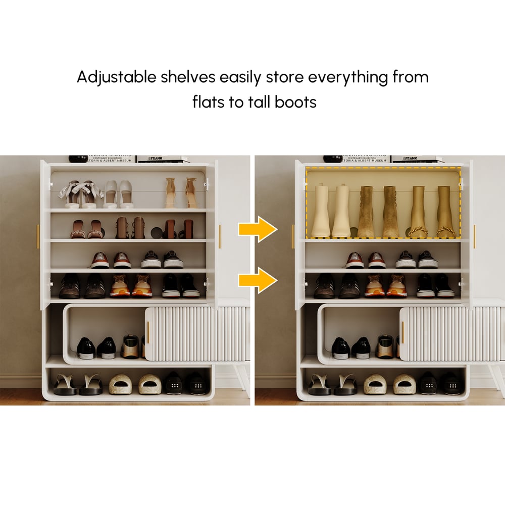 37" Warm White Shoe Storage Fluted Entryway Cabinet, Right Hand window image
