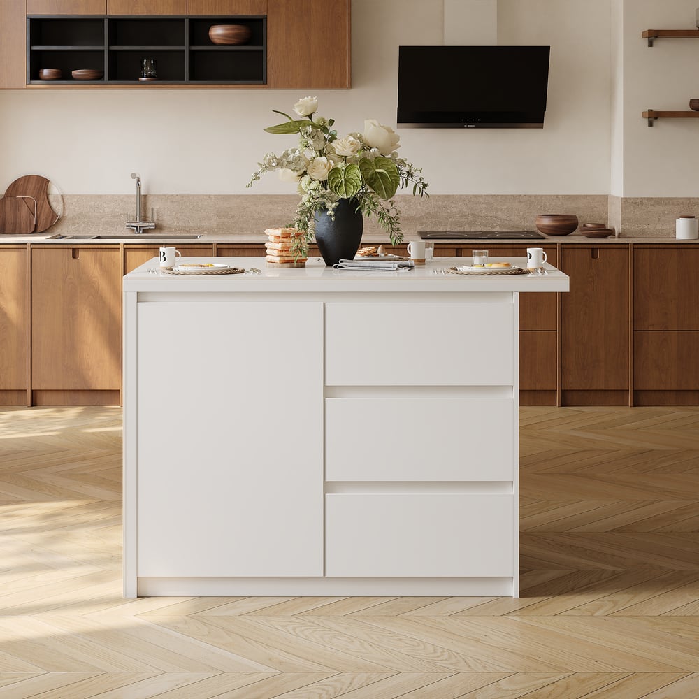 Modern 127 cm Glossy Sintered Stone Kitchen Island with Storage, White window image