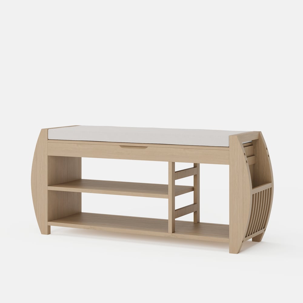 40'' Wood Veneer Whitewash Shoe Storage Entryway Bench with Shoe Rack window image