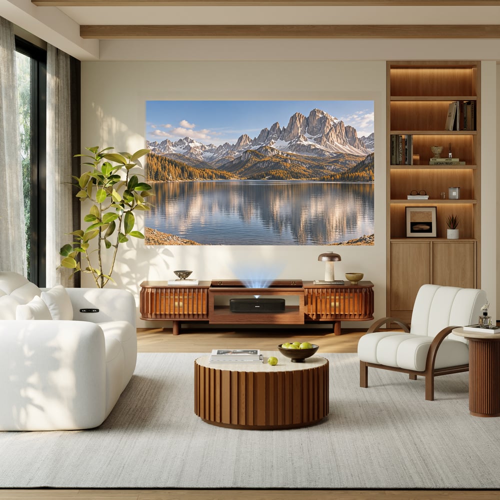 80" Ash Wood Fluted Walnut Projector TV Stand with LED window image