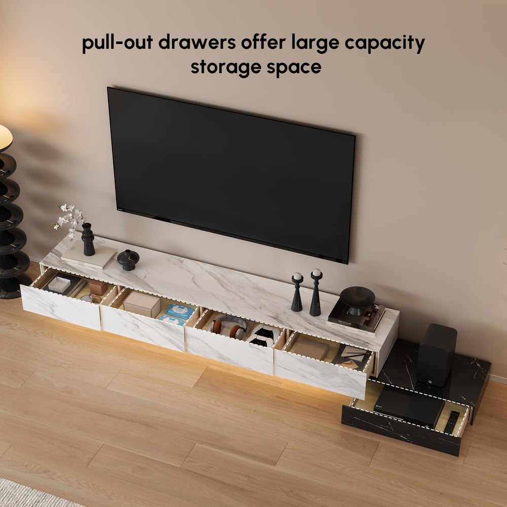 Meuble TV extensible de 87"-106" avec plateau en pierre frittée et 5 tiroirs image de fenêtre