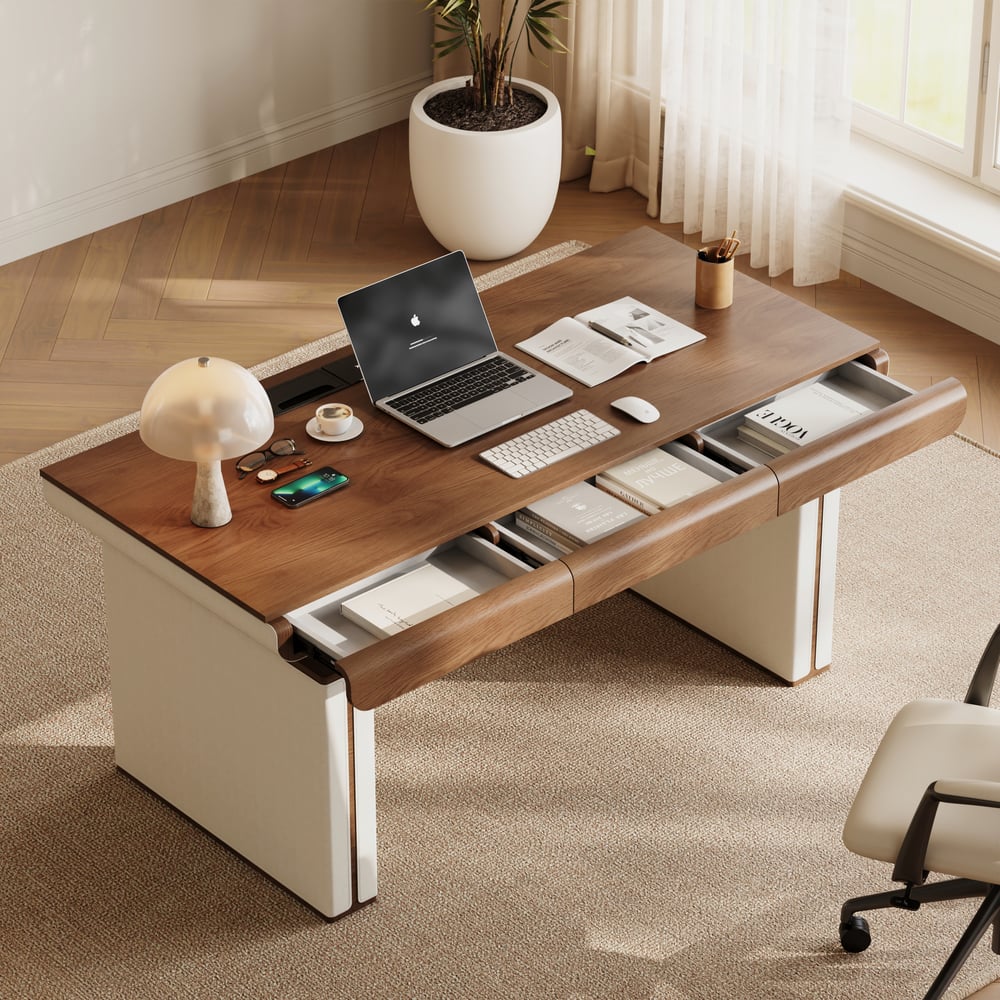 160 cm Height Adjustable Electric Standing Desk with Walnut Top and Leather-Wrapped Legs window image