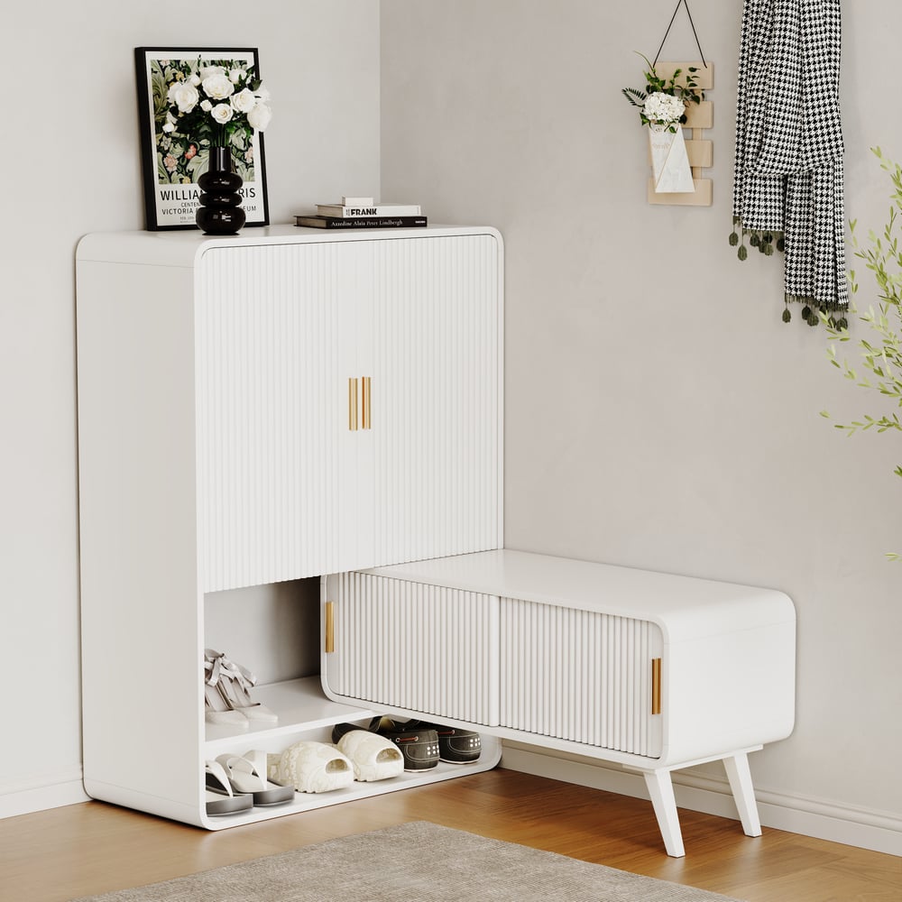 37" Warm White Shoe Storage Fluted Entryway Cabinet, Right Hand window image