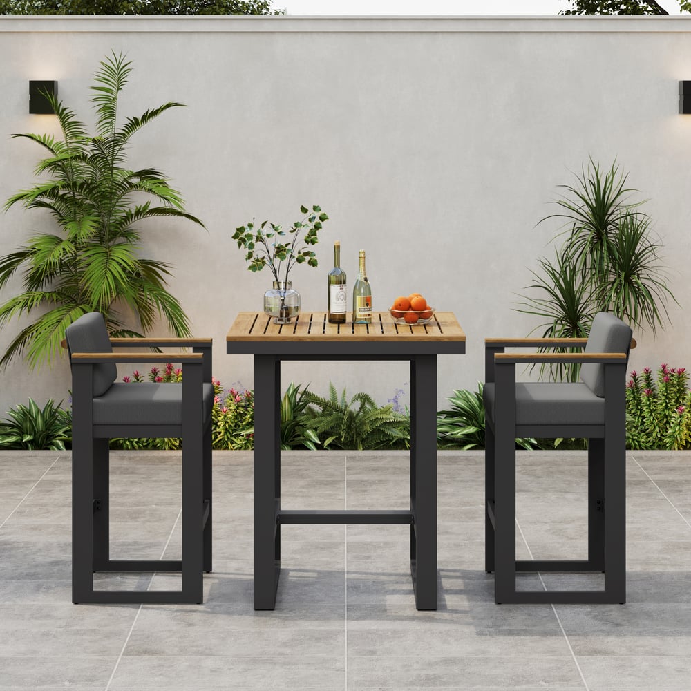 Tevara 3-Piece Outdoor Teak Wood Modern Bar Dining Table Set with 2 Chairs window image