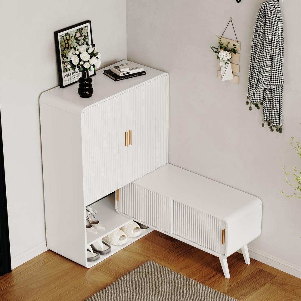 37" Warm White Shoe Storage Fluted Entryway Cabinet, Right Hand window image