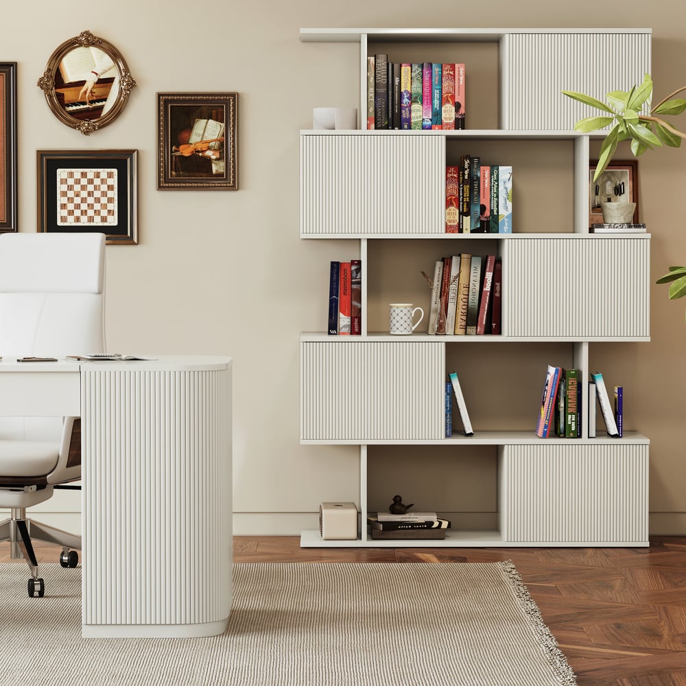 72.8" Warm White Sliding Door Etagere Bookshelf 5-Shelf Tall Book Shelf Rich Storage window image