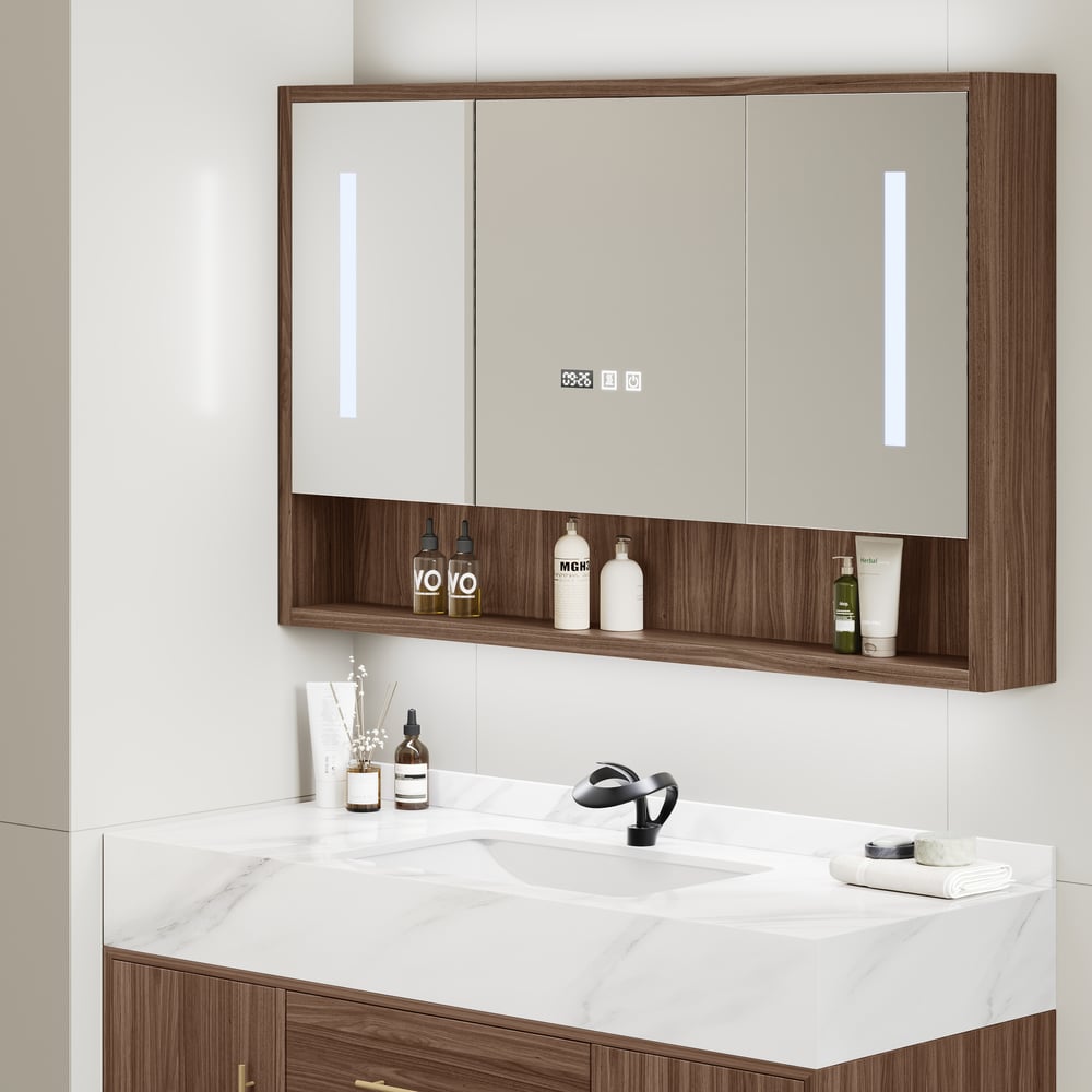 39" Walnut LED Medicine Cabinet with Adjustable Lighting, Demister and Digital Clock window image