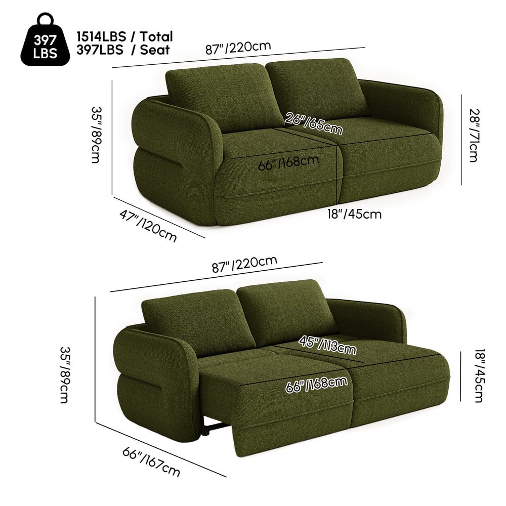 86"  Chenille Power Convertible Sleeper Sofa weights dimensions image