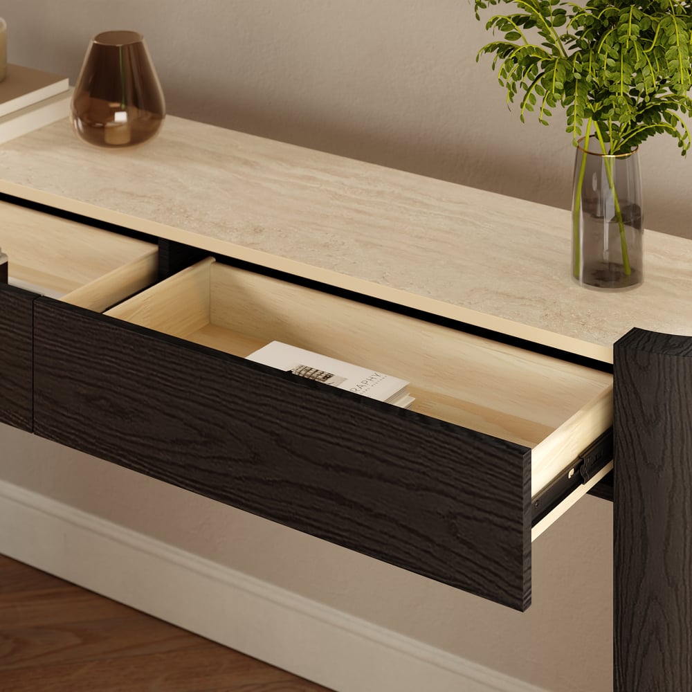 Console ovale Japandi de 60 pouces en pierre frittée avec 2 tiroirs image de fenêtre