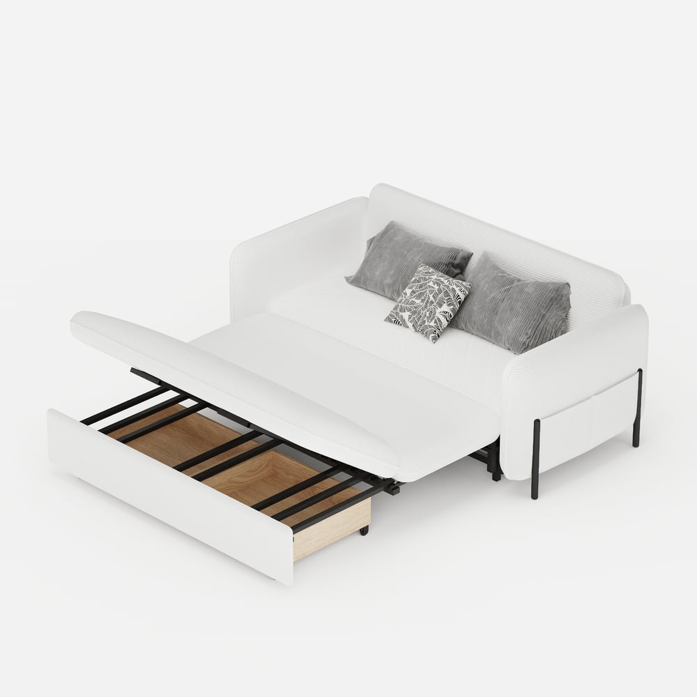 Canapé convertible lit 172 cm 2 places velours côtelé blanc avec rangement et coussins image de fenêtre