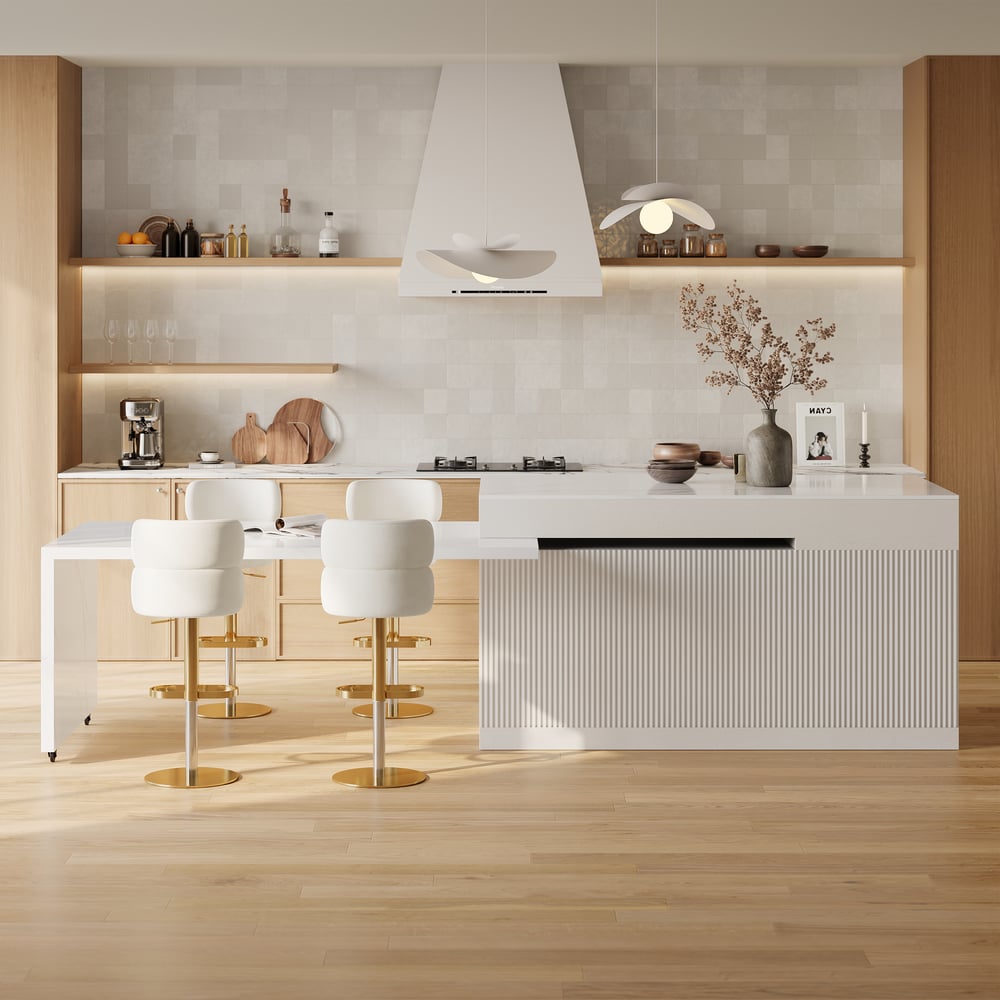 Modern 81"-112" Sintered Stone Kitchen Island with Drawers & Doors, White window image